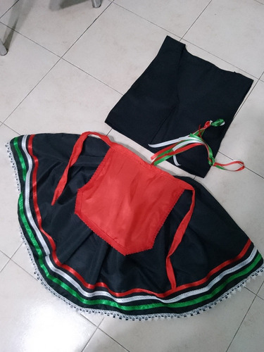 Pollera Tarantela Negro Delantal Rojo Chaleco Cintas Cabello