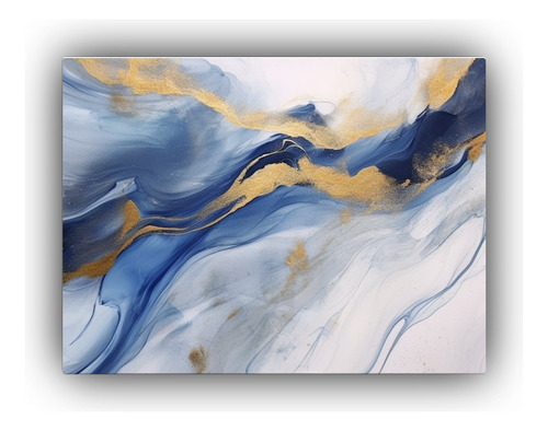 75x50cm Cuadro Abstracto En Tinta Blanco Azul Oro Flores