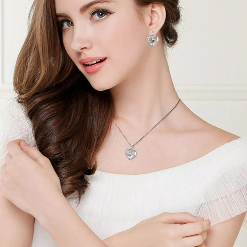 Sjx Set Collar Y Aretes Corazon Plata 925 Con Zircón Para