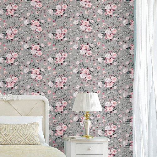 Papel Parede Floral Cinza Flores Adesivo Lavavel Rolo 3 Mts