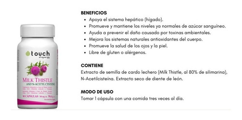 Imagen 3 de 6 de Touch Of Synergy Milk Thistle Silimarina Cardo Mariano 90cap
