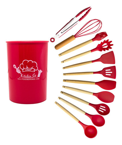 Kit Utensílios Cozinha Em Silicone 12 Peças Cor Vermelho