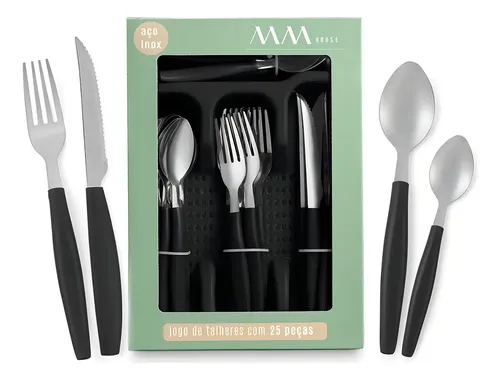 Faqueiro Inox Jogo De Talheres Porta  Talher Com 25 Peças Cor Preto Mmhouse