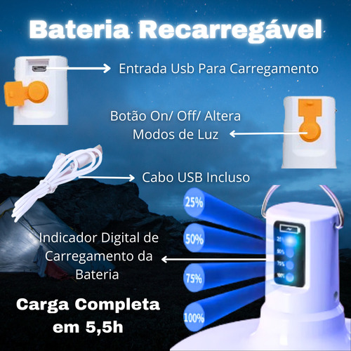 Lâmpada Luz De Emergência Lampião Led Recarregável Potente Para Barraca Camping Pesca Áreas Externas