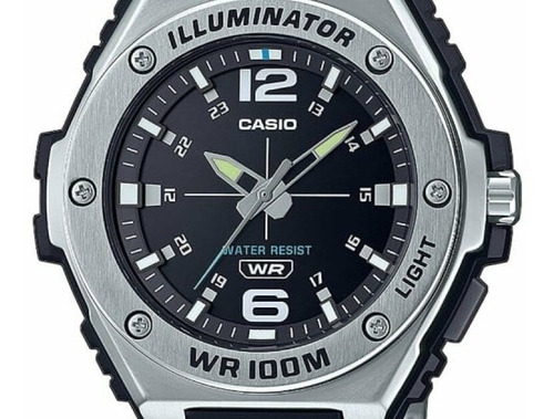 Reloj estándar Casio MWA-100H-1avdf para hombre, color de correa negro, color de bisel plateado, color de fondo negro