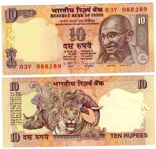 Billete India Ghandi Elefante Tigre Rinoceronte 10 Rupias