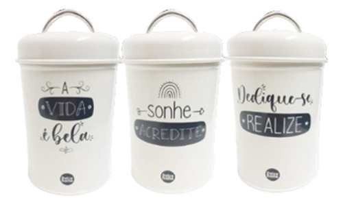 Conjunto Kit 3 Potes Mantimento Cozinha Dispensa Frases Lata Cor Creme