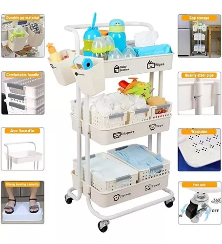 JOLEAD Carrito organizador de pañales para bebé, carrito de almacenamiento  de artículos esenciales para el cuarto del bebé de 3 niveles resistente