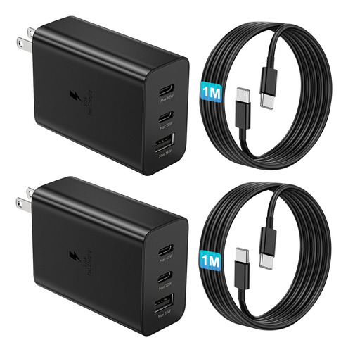 Gytuiv 2pcs 3boca Cargador Tipo C+2pcs 1m Para Cable De Carga Samsung 65w Carga Rápida Para Samsung A55 Para Galaxy S24 Ultra/s24+/s24+/s23 Ultra/s23+/s22 Ultra/s22 A55/a54/a53/a52/a35/a34/a33 Negro