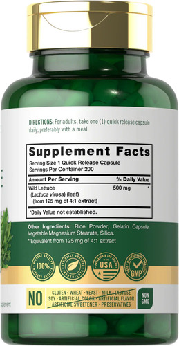 Carlyle Wild Lettuce 500 Mg Extracto De Lechuga Silvestre 200 Caps