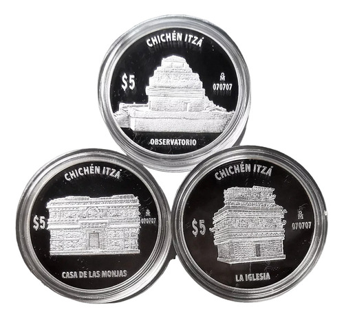 3 Monedas Serie Chichen Itza  2012  Plata Pura Proof Impecab