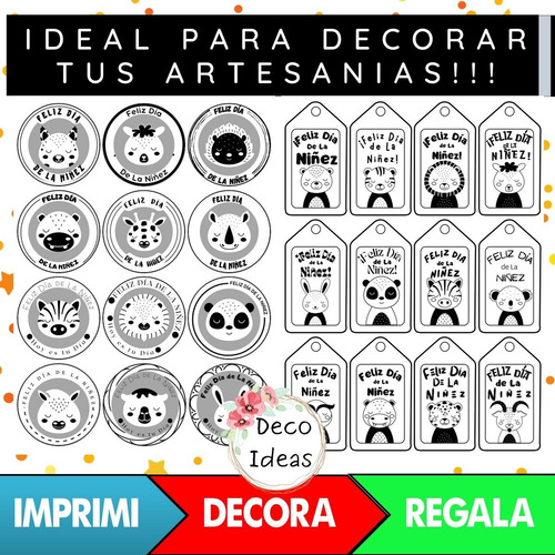 Imagen 2 de 4 de Kit Imprimible Tag Feliz Dia De La Niñez Pdf 1 Blanco/negro