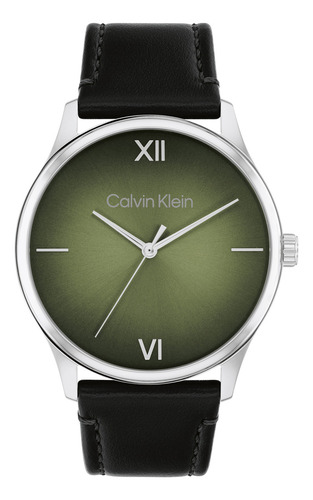 Reloj Calvin Klein Líneas Limpias Un Estilo Sofisticado Correa Negro Bisel Dorado Fondo Verde Oliva