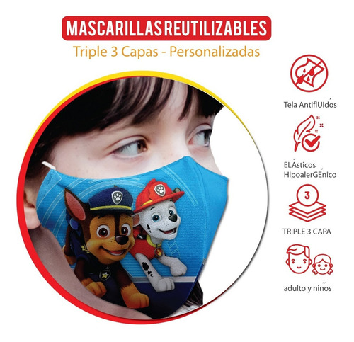 Imagen 3 de 4 de Pack 3 Paw Patrol Mascarillas Triple Capa Antifluido Niño(a)