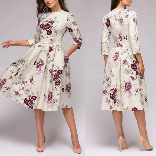 Vestido De Una LĂnea De Cuello Redondo De Flores Elegantes D