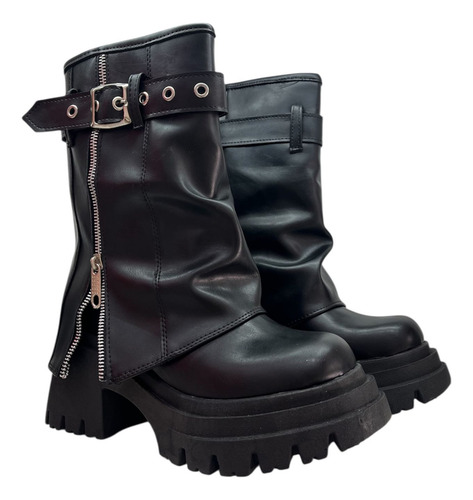 Bota Caña Volcada Cierre Arrugada Taco Plataforma Mujer Moda