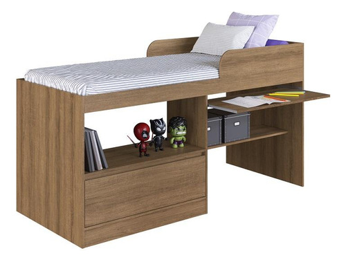 Cama Alta Multifuncional Com Nicho E Escrivaninha Marrom