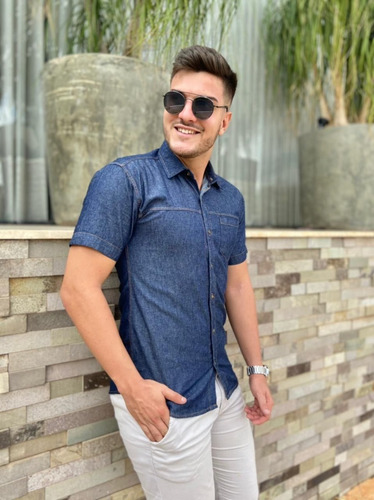 Imagem 6 de 9 de Camisa Jeans Premium Masculina Slim Manga Curta Promoção