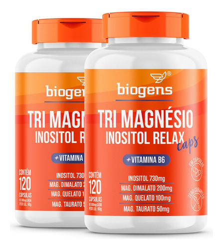 Kit C/ 2x Tri Magnésio Inositol Caps + B6, 240cps, Biogens Sabor Neutro
