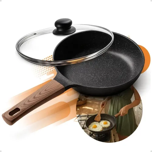 Frigideira Cerâmica Com Tampa Antiaderente Grande 24cm Para Fogão A Gás Indução Cooktop Panela Frita Sem Óleo Não Gruda Profissional Moderna Mix Preto
