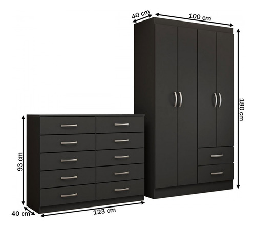 Guarda-roupa Mila 4 Portas Com Cômoda Preto