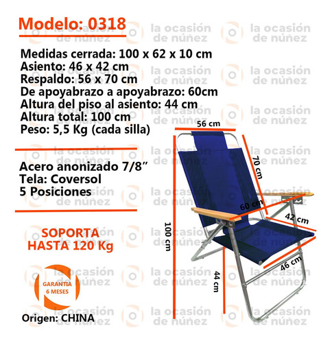 Reposera Sillon 5 Posiciones Apoyabrazo Madera Playa X2