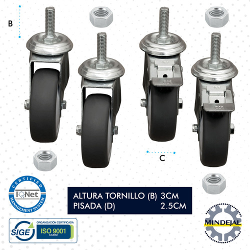 Pack 4 ruedas llantas hule Pvc 3 pulgada freno giratorias ruedas Mindejal MINRU3