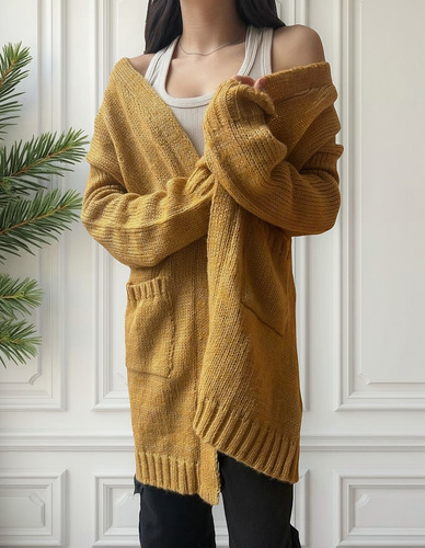 Saco Lana Largo Frisado Cardigan Para Mujer