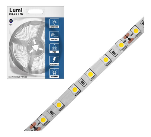 Luminario De Fita Led 5050 Rolo 5m 12v Ip20 P/ Perfil Sanca Alto De Brilho Cor Da Luz Branco Frio Lumi 1ª Linha