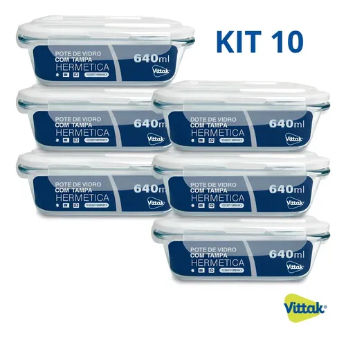 Vittak Kit 10 Potes Vidro Hermético Com 4 Travas Marmita Microondas Freezer Transparente 640ml
