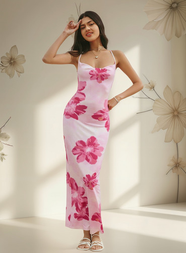 Vestido Ajustado Floral Casual Largo Playa Cordón En Espalda