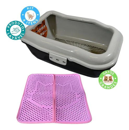 Caja de arena grande para gatos con alfombrilla colectora de 24 horas, color negro/rosa