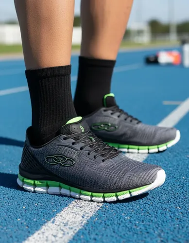 Pessoa usando tenis Olympikus Estilo 2 chumbo com detalhes em verde em uma pista de corrida azul