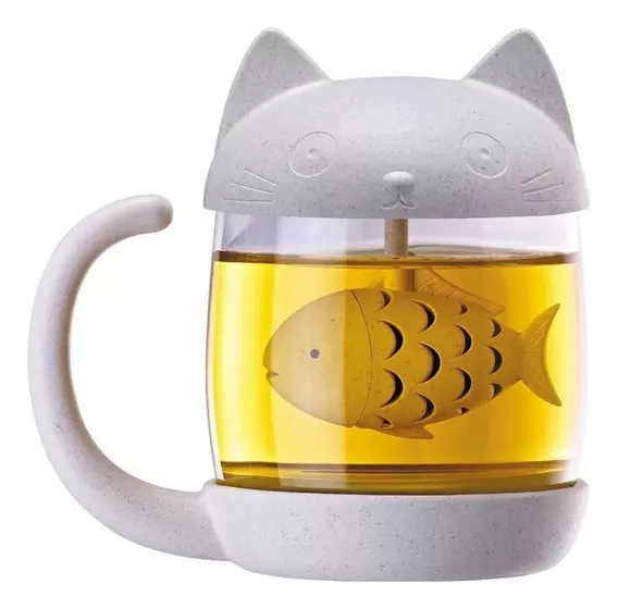 Taza Infusor Vidrio Gatito Cat & Fish Kawaii Infusion