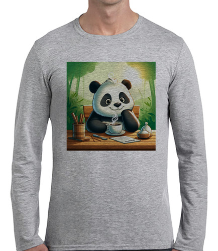 Remera Hombre Ml Panda Tomando Un Cafe Contento Dibujo