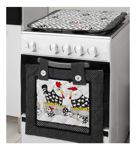 Cortina Forno + Capa P/ Tampa Fogão 4 Bocas -lindas Estampas Cor Galinha Preta