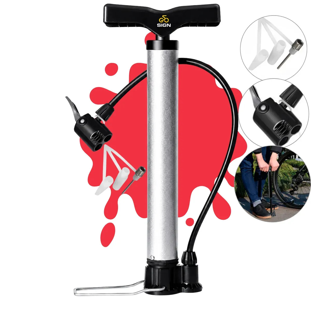 Bomba De Ar Manual Portátil 3 Bicos 2 Válvulas Fina E Grossa Encher Pneu De Bicicleta Bike Pneus Carro Moto Bola Balão Colchão Inflável Bico Schrader E Presta Cor Prata