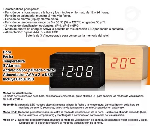 Imagen 4 de 7 de Reloj Despertador Madera Led Temp Humedad Alarmas Usb 713