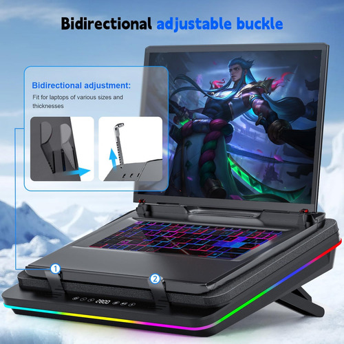Almohadilla de refrigeración para portátil Iets GT600v2 RGB con turboventilador de 5.5 pulgadas, compatible con portátiles de 14.1 a 19.3 pulgadas y hub USB de 3 puertos.