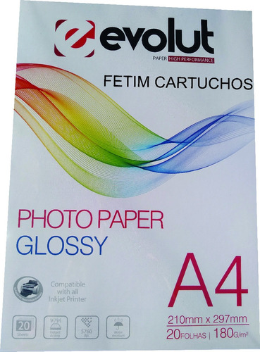 500 Folhas Papel Fotográfico Glossy Evolut 180g A4