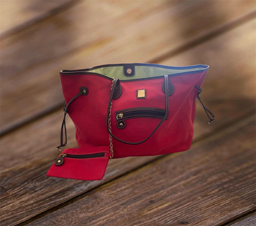 Bolso Grande Rojo Con Detalles Marrones, Trae Monedero.