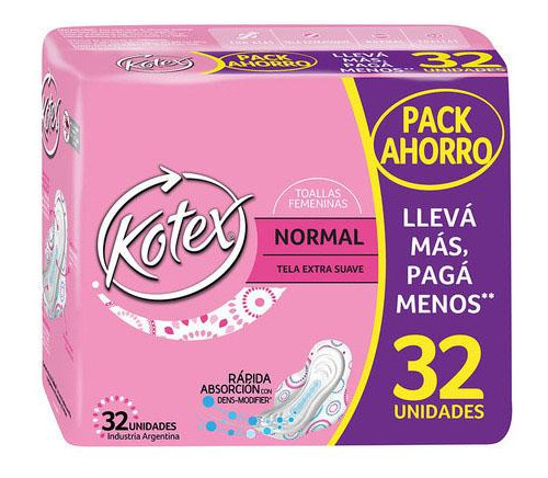 Toallitas Femeninas Kotex Normal Con Alas 32 Unidades