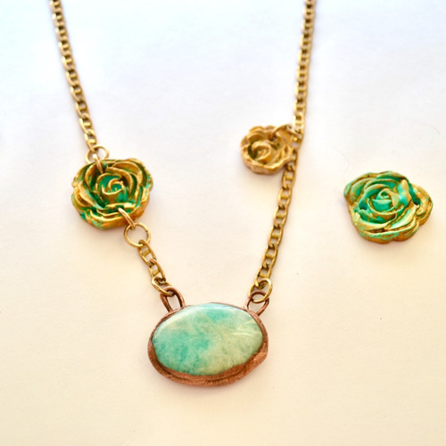 Imagen 10 de 10 de Collar De Flores Con Piedra Natural Amazonita, Bronce, Cod1