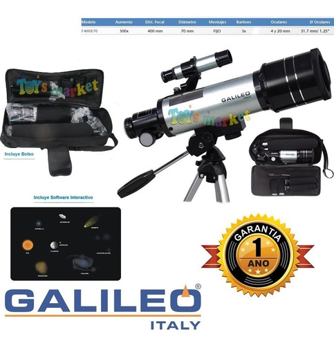 Telescopio Galileo Refractor 400x70 300x Tripode + Bolso