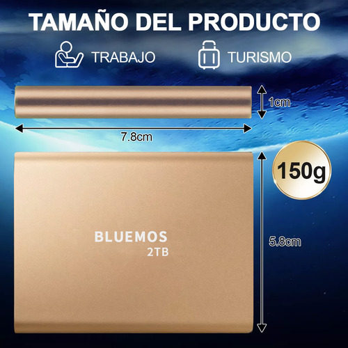 Externo Disco Duro Ssd 2tb Bluemos (2000gb) Sólido Mini Portátil Disco Duro Sólido Externo Ssd 2tb Portátil Dapei Byp-2tb Color Azul