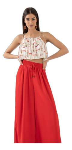 Calça Pantalona Em Crepe Com Elástico Cós