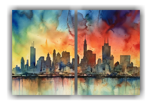 40x20cm Cuadros Nueva York Con Skyline Acuarela Flores