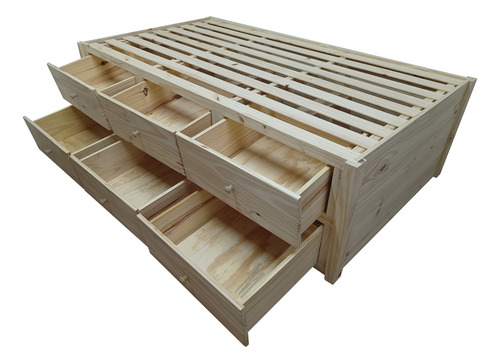 Cama Box 6 Cajones Pino Macizo Plaza Y Media 1.00 X 1.90 Mt Pino Natural