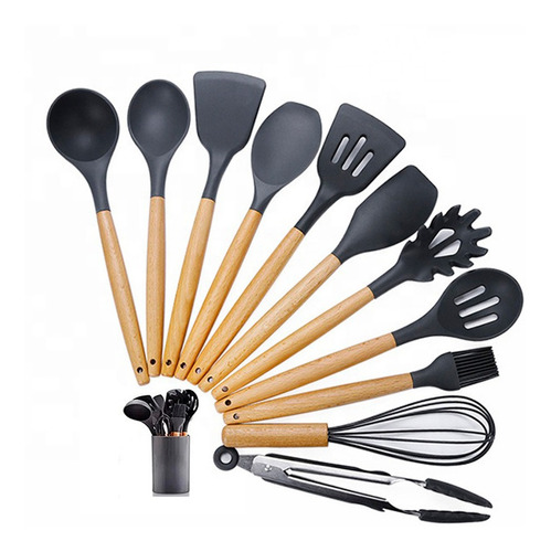 Juego Utensilios Cocina Silicona X12 Sin Bpa Mango Madera