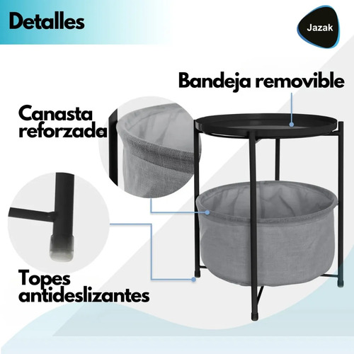 Mesa Ratona Redonda Jazak / 2 Niveles / Diseño Moderno / Con Canasto / Mesita Auxiliar / De Luz / Living / Revistero / Bandeja Removible / Estructura De Hierro / Fácil De Armar / Mide 53 X 45cm